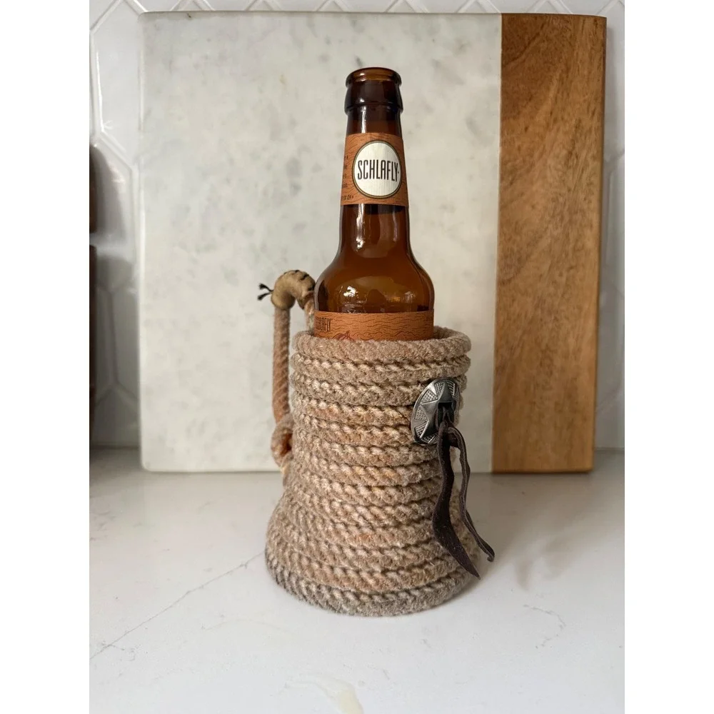 Lariat Rope Beer Mug set Holder Western Star‎ Concho Leather Tassel Drink cowboy